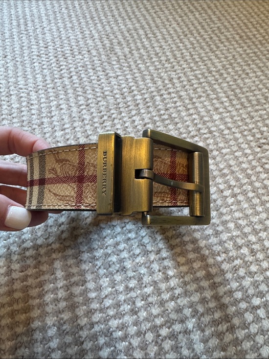 Burberry Accessories - Authentic Burberry Beige Plaid Belt with Red Accents and Brass Buckle